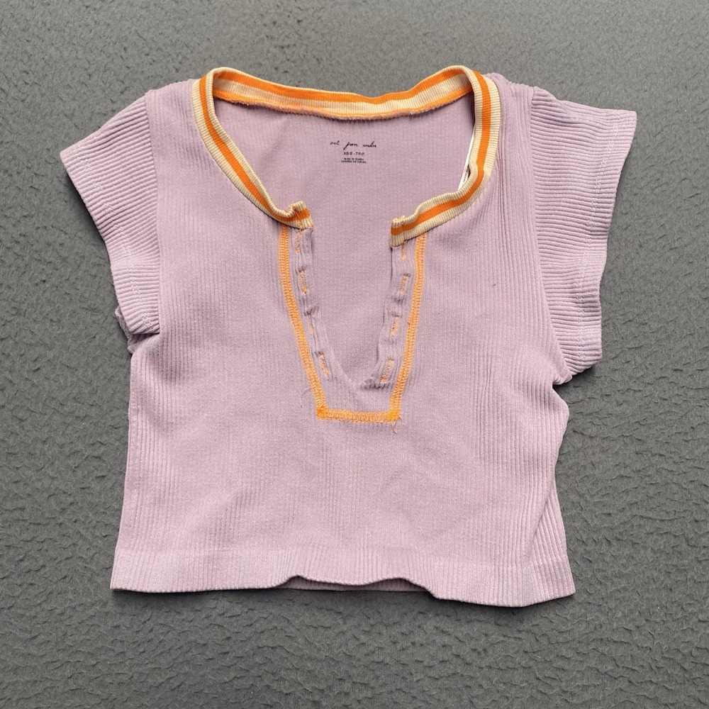 Out From Under Shirt Womens XS/S Purple Henley Cap Sleeve Ribbed Cropped Knit